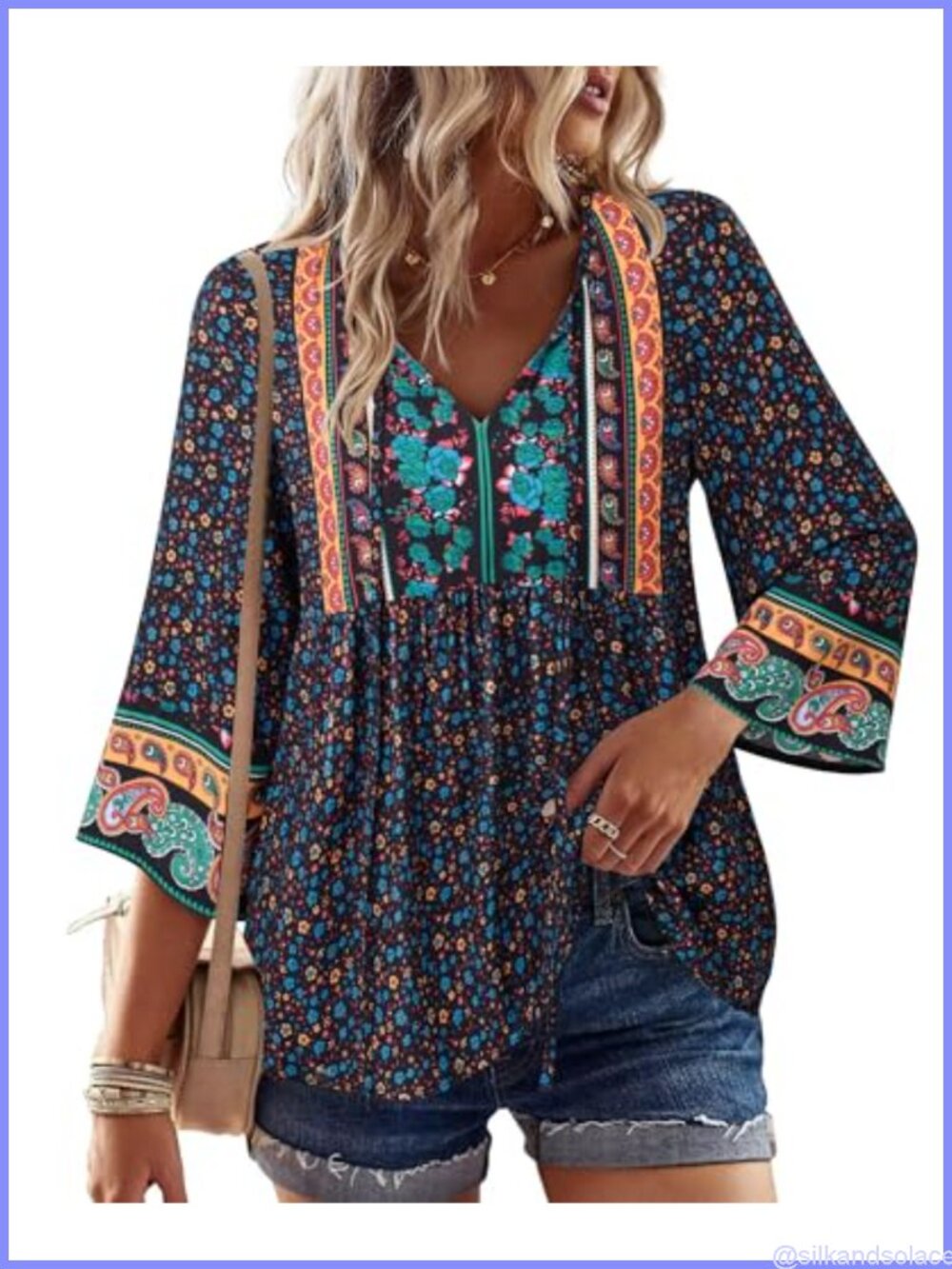 Women's Boho V-Neck Tie Front 3/4 Sleeve Floral Blouse Casual Top
